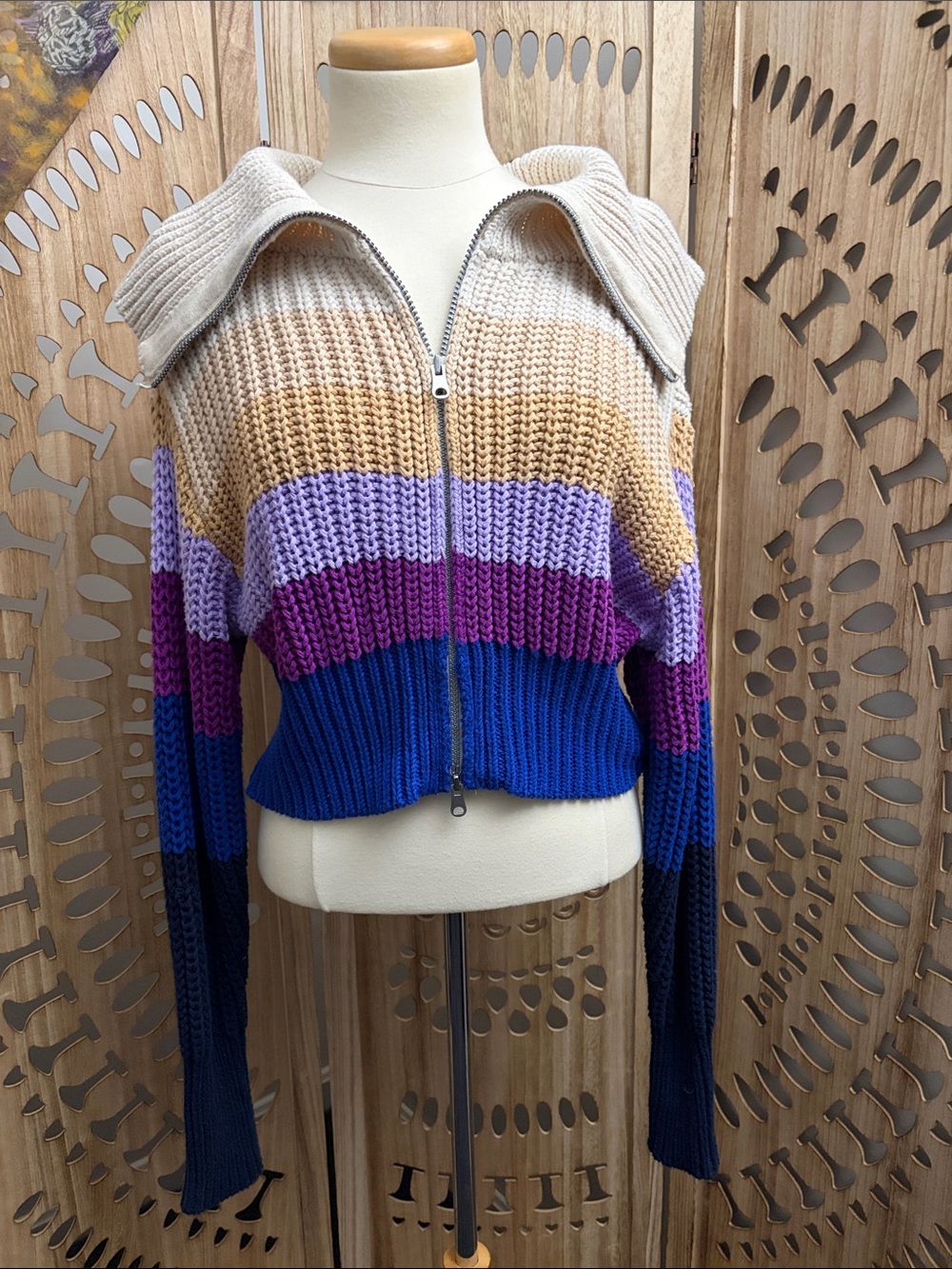 AERIE / Multi color chunky zip-up knit sweater, oversized collar / small